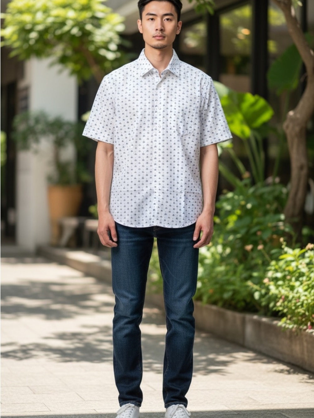 Bertigo Men's Short-Sleeve White Micro bicycle Print Shirt